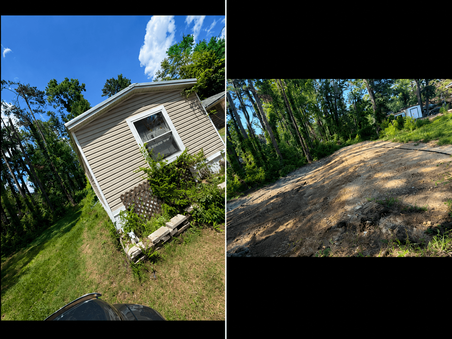 Mobile home before demolition next to fully cleared lot after Kane Pro mobile home demolition in Arkansas